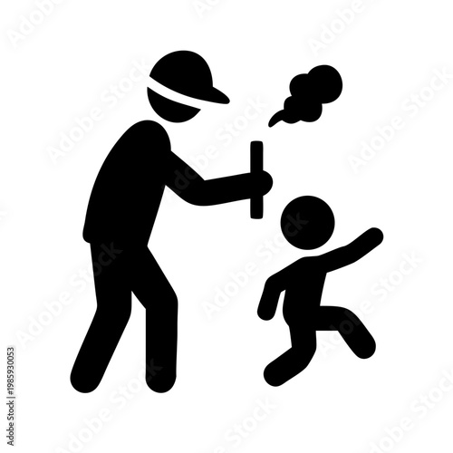 Black silhouette of a man chasing a child with a stick