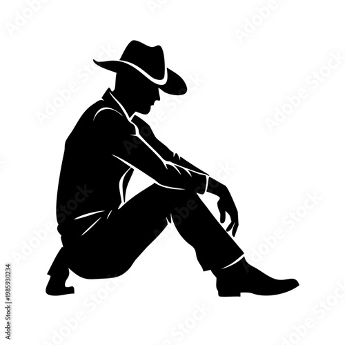 Black silhouette of a man wearing a cowboy hat sitting on the ground
