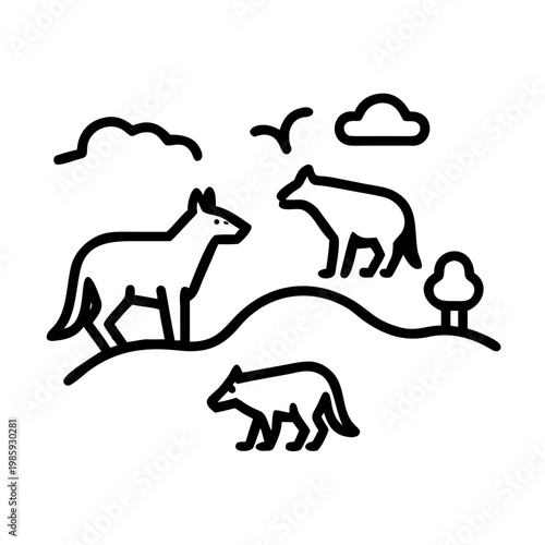 Black line drawing of three wolves on a hill with clouds and a tree