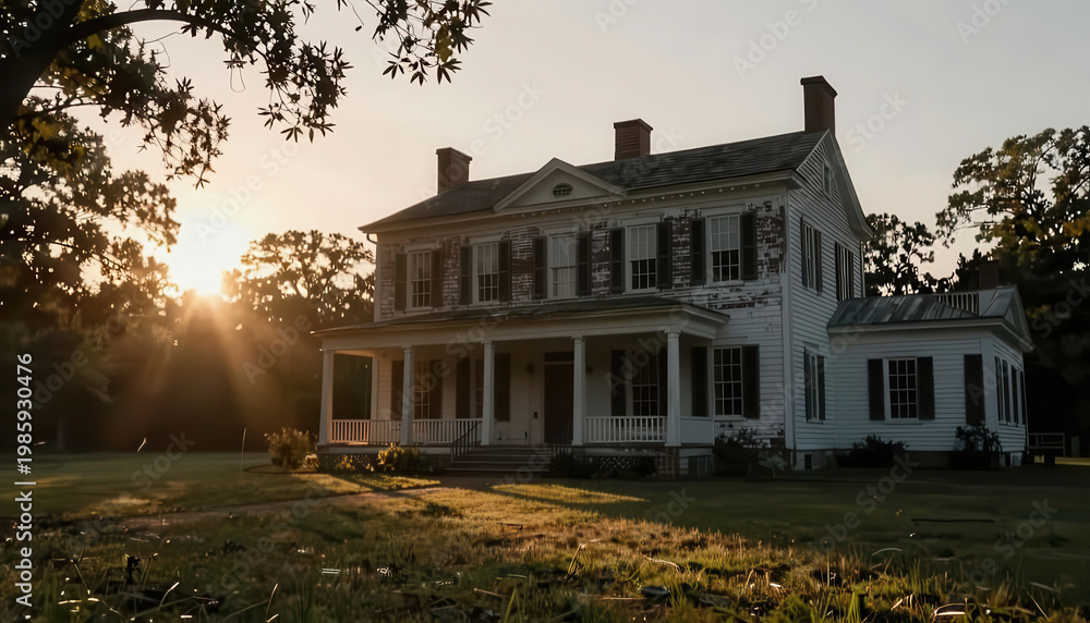 Naklejka premium The historic house stands prominently against the sunset. The sunlight highlights the house's features and the surrounding greenery.