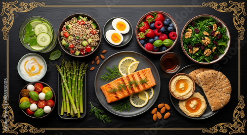 Healthy and delicious assorted food dishes and ingredients for a balanced diet, featuring salmon, salad, and fresh produce