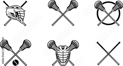 Lacrosse icons, crossed sticks, helmet, goalie mask, ball, sports emblem, black and white, vector illustration, team logo, athletics symbol