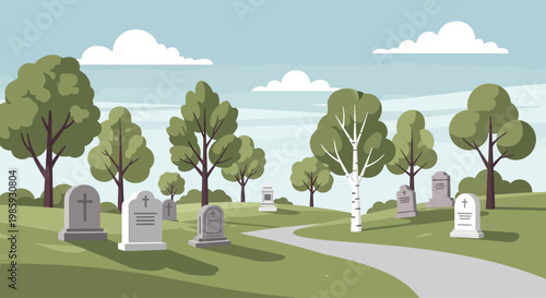 A serene landscape of a memorial on Confederate Day with trees and graves.