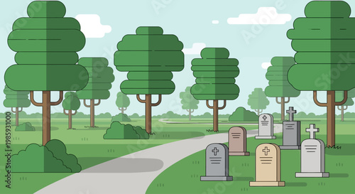 A serene Confederate Memorial Day scene at a cemetery with trees and gravestones