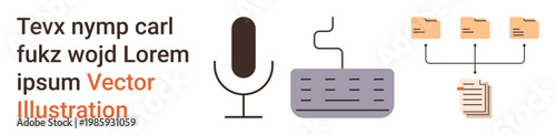 Voice recognition, transcription services, data management, office workflow, digital communication, technology integration. Microphone, keyboard, and document file flow icons connected visually