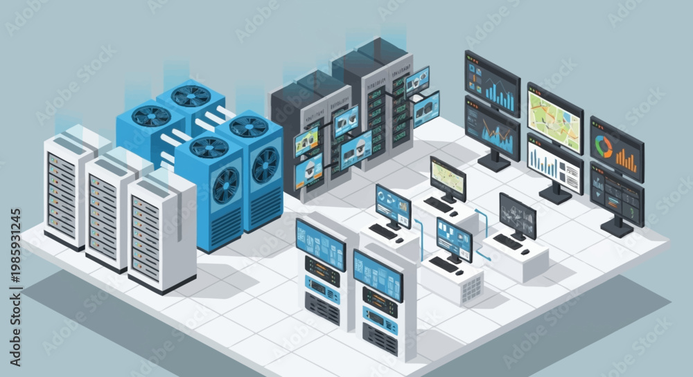 Fototapeta premium Isometric illustration of a computer server room with multiple workstations and monitors.