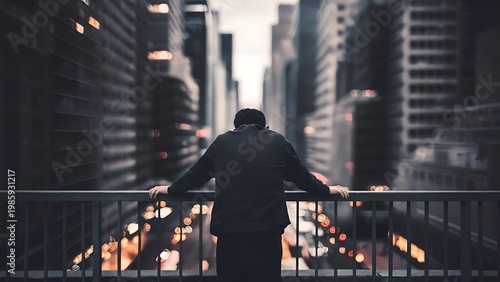 A lone figure stands on a bridge, gazing out at the sprawling cityscape at dusk, illuminated by the warm glow of streetlights.