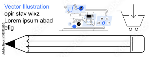 Online collaboration, creative platforms, e-commerce, education, communication, brainstorming. A digital screen with icons, a shopping cart and a pencil. Online collaboration and creative platforms