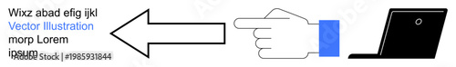 Business strategy, digital communication, technology, workflow direction, online navigation, user interface. Hand pointing arrow to laptop. Digital communication and workflow direction concept