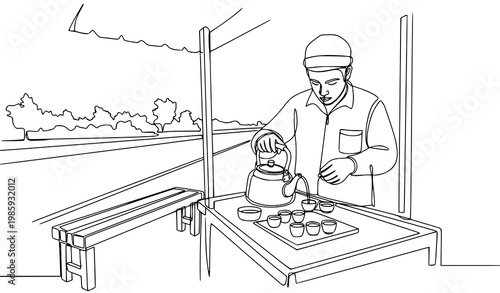 Roadside Tea Stall Continuous Line Vector