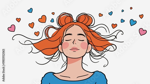 Happy Woman with Red Hair and Hearts