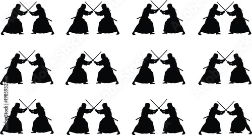 Martial arts silhouettes, sword fight, kendo practice, kenjutsu training, combat poses, warriors, discipline, black design, traditional fencing illustration