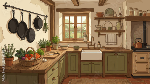 Kitchen setting with wooden furniture and plants during daylight hours showing a cozy cooking space with fresh ingredients