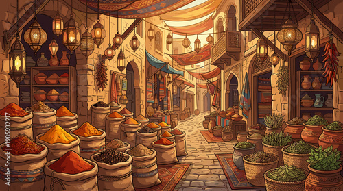 Busy market street filled with colorful spices and goods in an old town during daytime