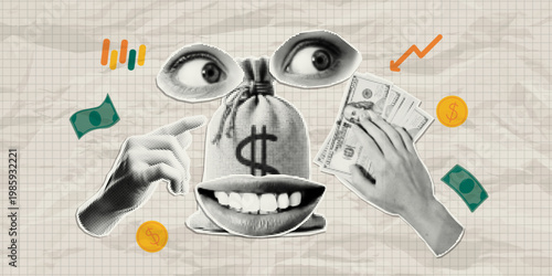 Trendy paper cutout collage elements with hand drawn elements. Halftone money stickers. Modern collage template on a crumpled notebook sheet.