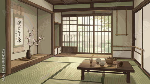 Clean room in a traditional Japanese house with a table set for tea and plants in the background on a sunny day in Japan