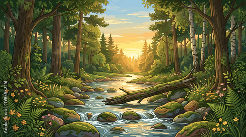 Forest river flows through rocky landscape at sunset with trees and plants surrounding the water