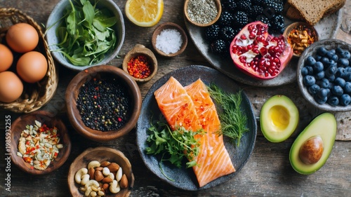 新鮮な食材が並ぶヘルシーな食卓。栄養バランスを考えた料理素材のイメージ