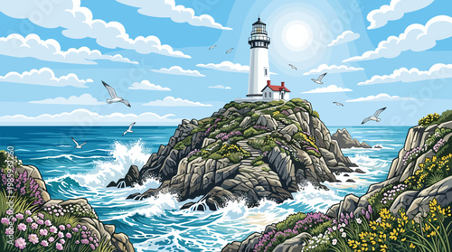 Light shines from the lighthouse on the rocky coast with waves and birds under a blue sky