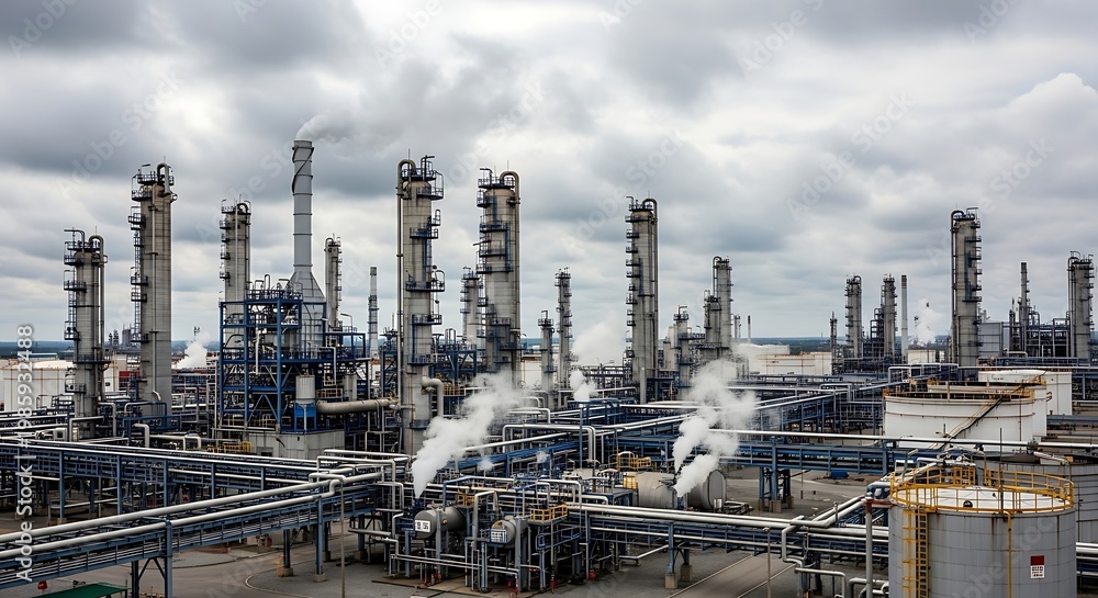 Fototapeta premium Industrial factory complex with smokestacks.