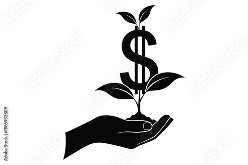 Financial growth a hand nurturing a dollar sign plant
