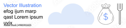 Finance, savings, wealth concepts, resource management, cloud computing, investment. A blue cloud, money bag with dollar sign and fork. Finance and savings ideas conveying economic