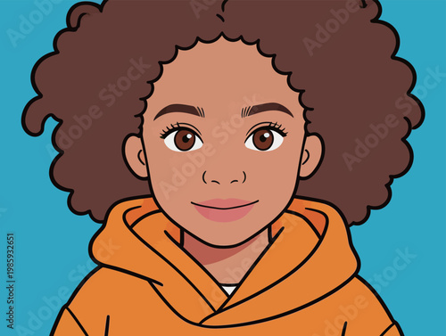 Illustration of a smiling girl with curly hair