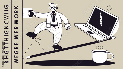 Cartoon businessman balancing work and coffee on seesaw with laptop symbolizing work life balance and modern office challenges in a humorous way