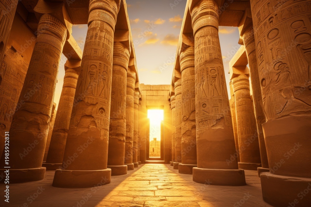 Fototapeta premium Columns and hieroglyphs bathed in golden light at a historical egyptian karnak temple