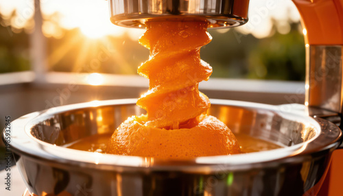 A juice extractor is actively juicing oranges in a bright setting. The orange juice flows from the extractor, capturing the warm sunlight in the background.