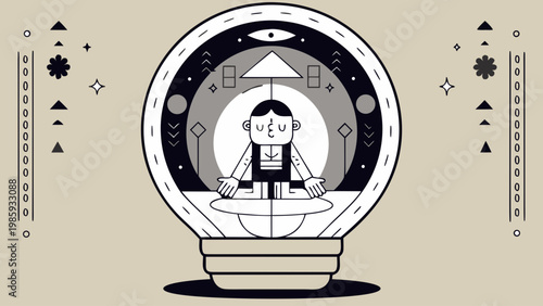 Cartoon character meditates in lotus position inside glowing orb with mystical symbols and shapes on beige background