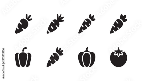 Healthy food silhouette icons, fresh carrot graphics, organic bell pepper shapes, garden tomato sign, vegetarian diet symbols, culinary ingredients