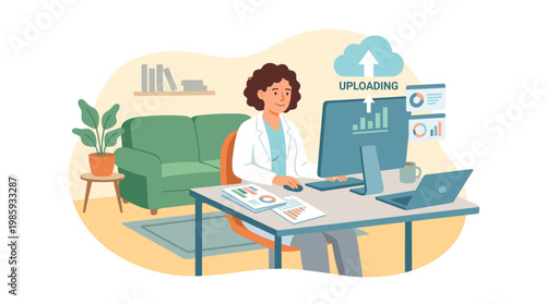 Female doctor at desk in a modern office.