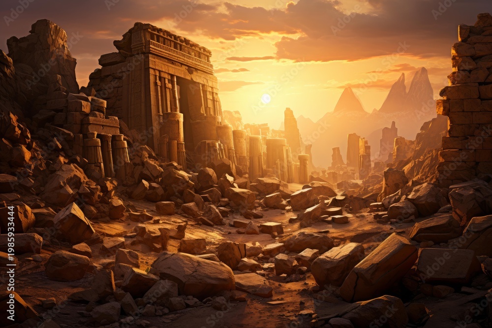 Fototapeta premium Ancient temple architecture crumbling in a desert landscape during a vibrant sunset
