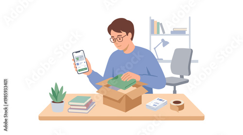 Man Unboxes A Package Presenting Items Inside The Box.