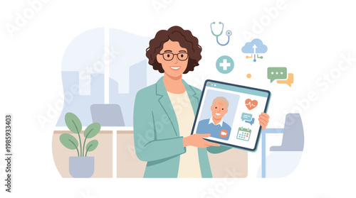 Female professional presenting tablet with charts.