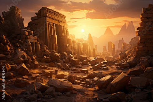 Ancient temple architecture crumbling in a desert landscape during a vibrant sunset