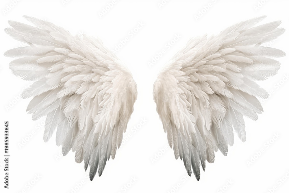 Fototapeta premium White feathered wings spreading outward against a clean white background, symbolizing freedom and purity