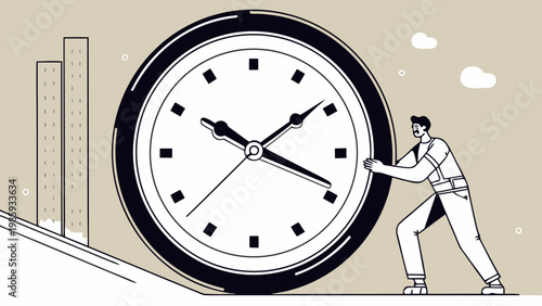 Man pushing large clock up a slope symbolizing time management and effort in business and daily life