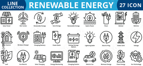 Renewable energy icon set outline style icon set collection vector illustration
