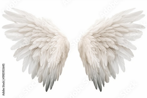 White feathered wings spreading outward against a clean white background, symbolizing freedom and purity