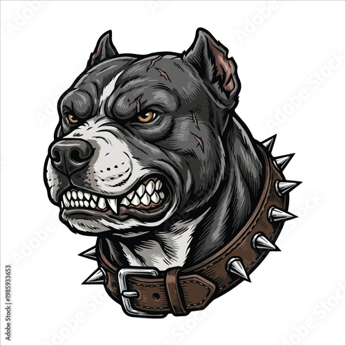 Aggressive Pitbull Dog Head with Spiked Collar, Fierce Expression and Sharp Teeth, Illustration