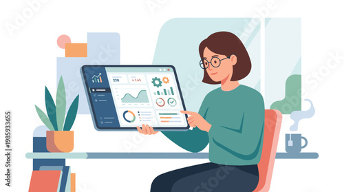 woman using tablet with charts and graphs.