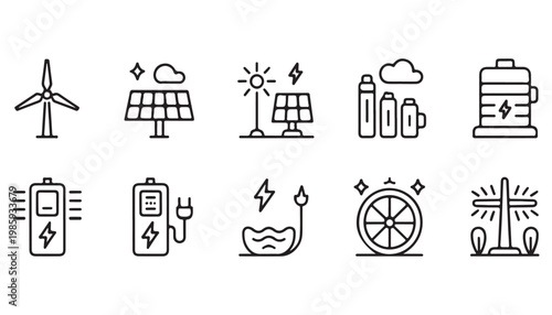 Sustainable energy production icons, windmill power graphics, battery storage symbols, clean fuel technology, eco friendly power grid illustrations