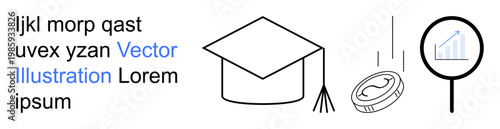 Education, finance, data analysis, learning, student success, economic growth. A graduation cap, coin and magnifying glass with graph. Education and finance concepts with minimal design