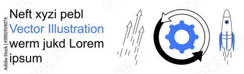 Business strategy, process improvement, innovation, growth analysis, automation, productivity. Circular gear diagram, upward arrows and rocket. Process improvement and innovation concept