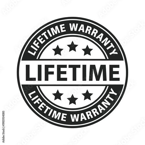 A circular black and white badge displaying a lifetime warranty guarantee with stars
