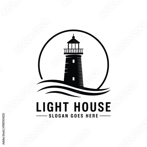 A minimalist black and white lighthouse logo with waves and text