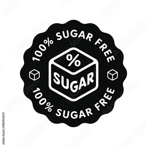 A black and white circular badge proclaiming 100 sugar free status