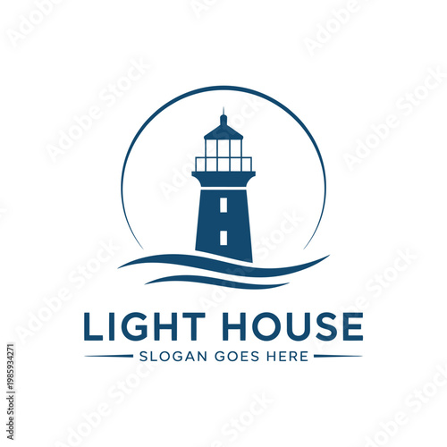 A minimalist logo depicting a dark blue lighthouse on waves with text